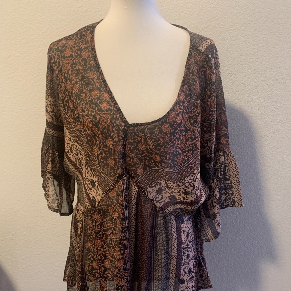 Asymmetrical Brown and Tan 3/4 Sleeve Tunic